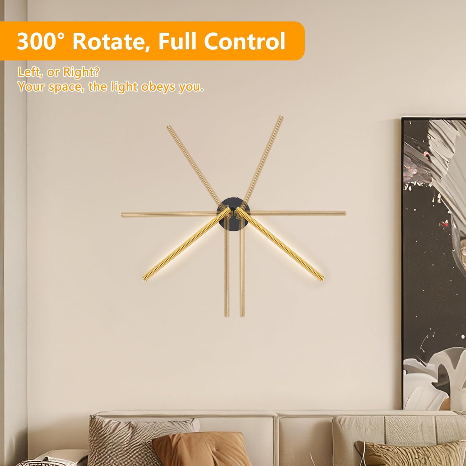 Modern wall light fixture with wooden arms on a neutral wall above a sofa.