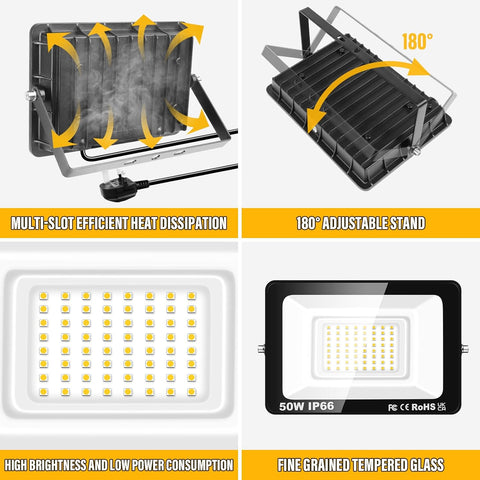 50W LED Flood Light, IP66 Waterproof Super Bright 5000LM Security Light, 3000K Warm White Outdoor Wall Light for Garden Yard Garage Patio Warehouse with UK Plug
