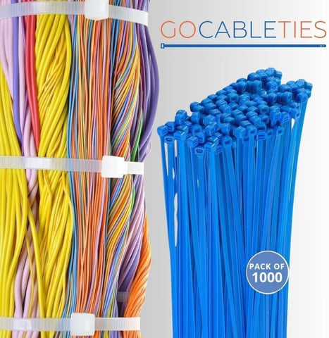 Gocableties Blue Cable Ties, 300mm x 3.6mm, Bulk Pack of 1000, 12” Premium Nylon Zip Ties, Multi-Purpose Plastic Tie Wraps, Secure Self-Locking Mechanism, for Home, Garden, Office and DIY