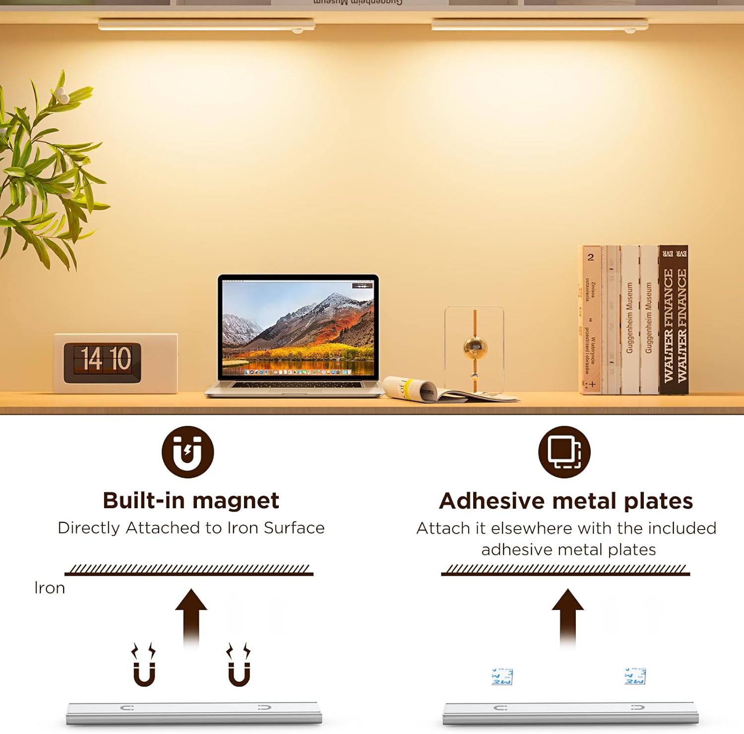 Desk setup with a laptop, books, and a clock, featuring text on magnetic and adhesive metal plate attachments.