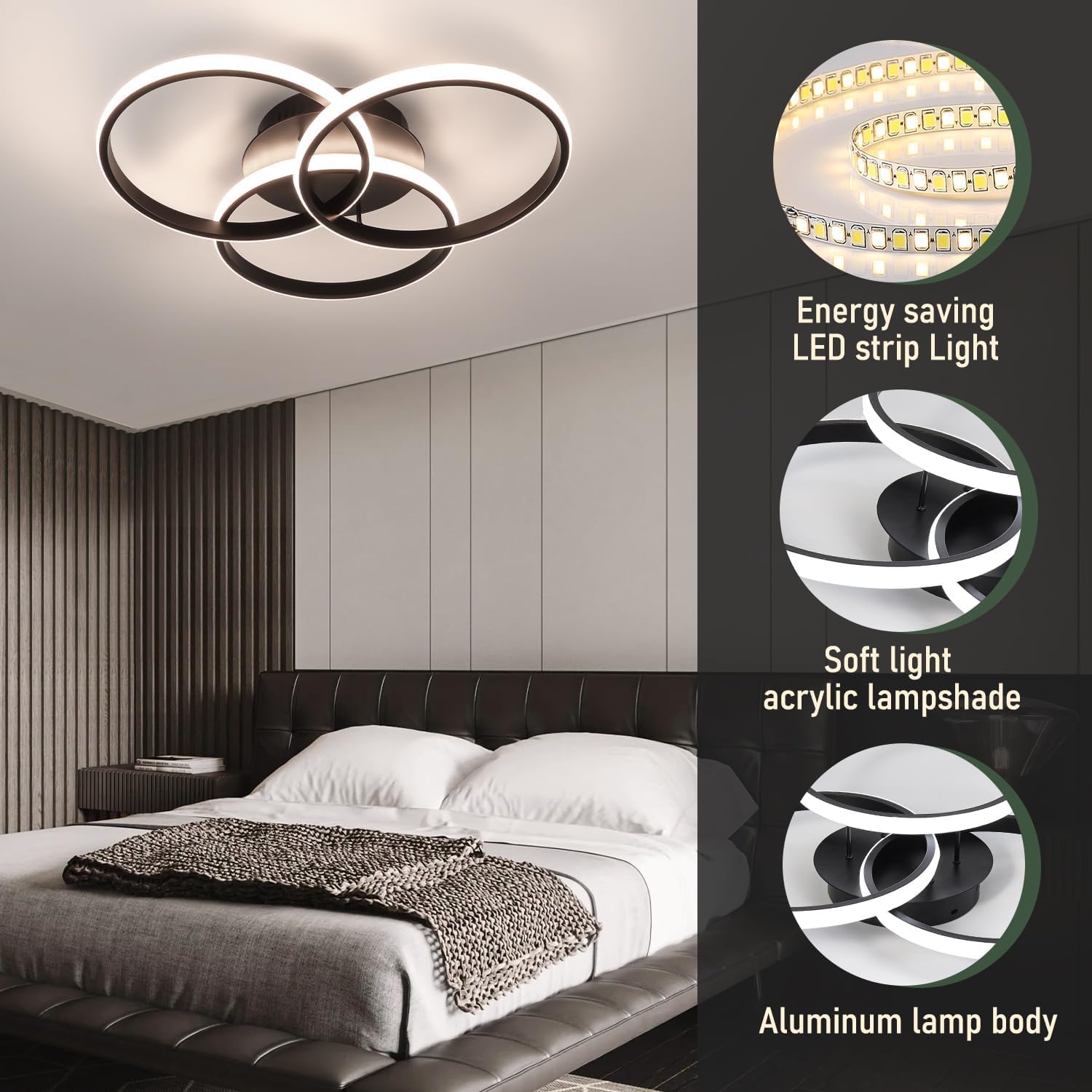 Ceiling light fixture in a bedroom with features highlighted on the right.
