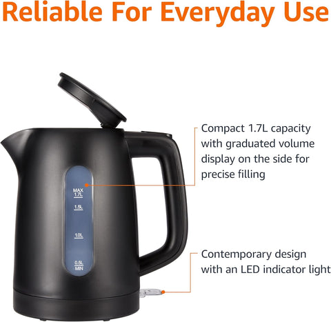Basics Electric Kettle 1.7L – 3000W Fast Boil, BPA-Free, 360° Swivel Base, Auto Shut-Off, Removable Filter – Matte Black