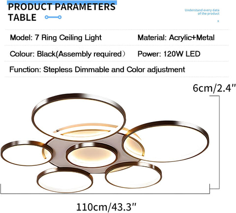 7-ring ceiling light with product parameters on a white background