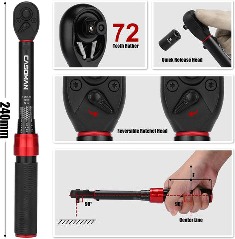 CASOMAN 1/4-Inch Drive Torque Wrench 1–25Nm Bike Torque Wrench ±3% Accuracy Cr-V Steel 72-Tooth Dual Direction Ratchet Tool for Bicycle Car Maintenance UK