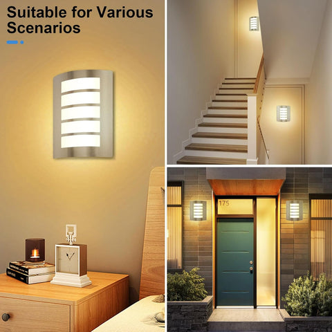 Collage of wall lights in various settings including a staircase, bedroom, and exterior door.