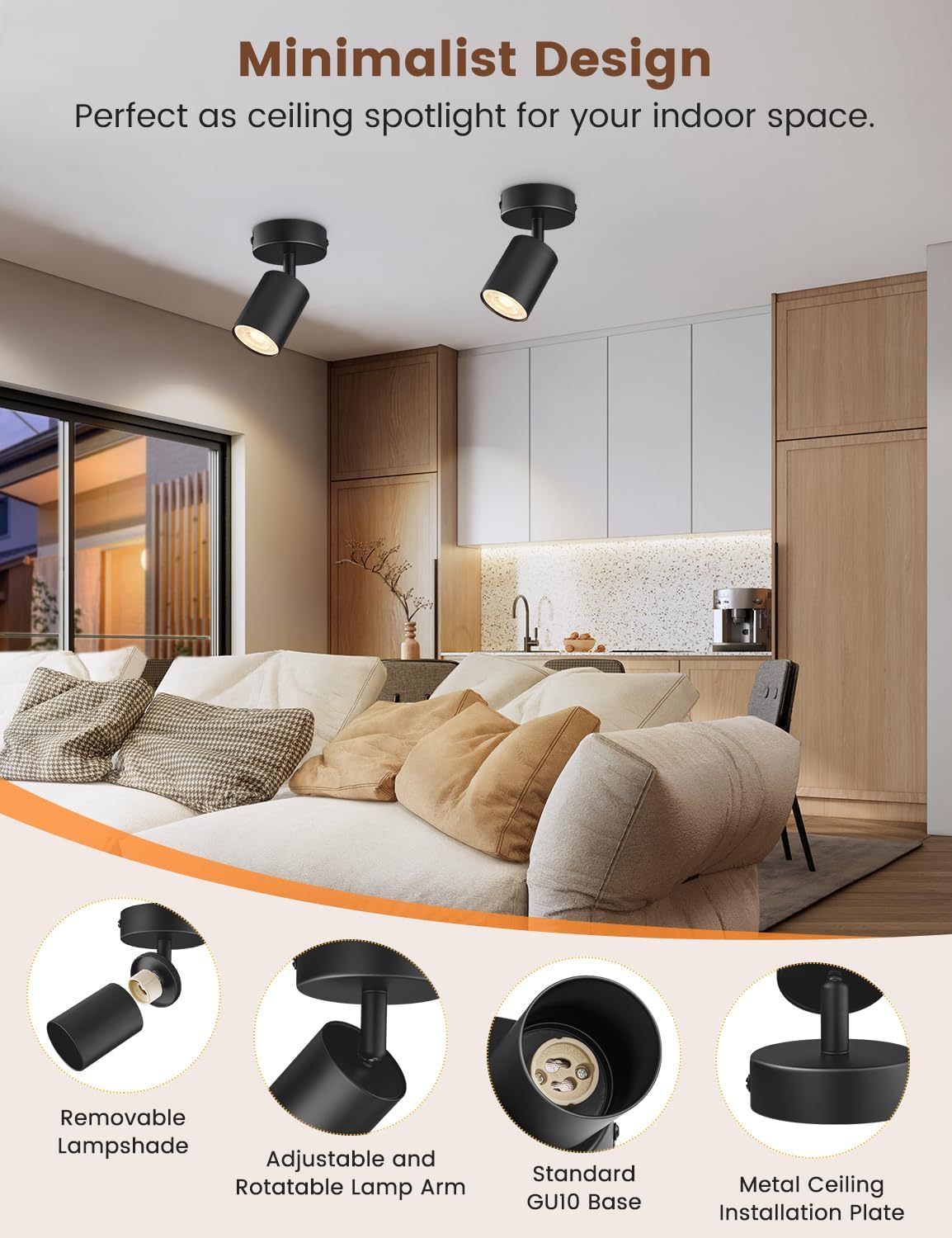 Ceiling spotlight in a modern living room setting with text highlighting its minimalist design.