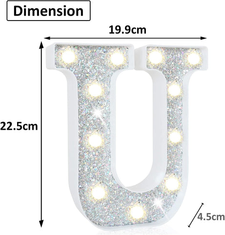 U Style Silver LED Marquee Letter Light, Battery Powered Decorative Night Lamp for Home, Party, Wedding and Event Decor