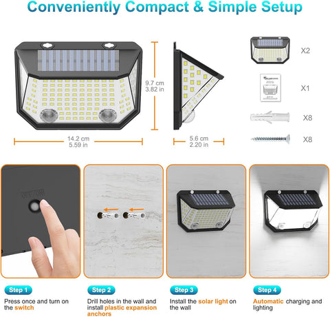 Solar Dual-Sensor Outdoor Motion Lights, 6500K Waterproof Fence Lights with 122 LEDs, 300° Wide Angle Solar Step Lights for Garden, Door, Yard, Garage – 2 Pack