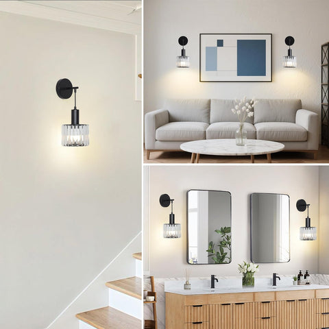 Battery Operated Wall Lights Set of 2 Black Crystal Indoor