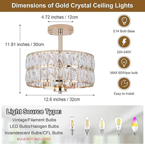 Semi Flush Mount Crystal Ceiling Light - 3 Light Brushed Gold Chandelier
