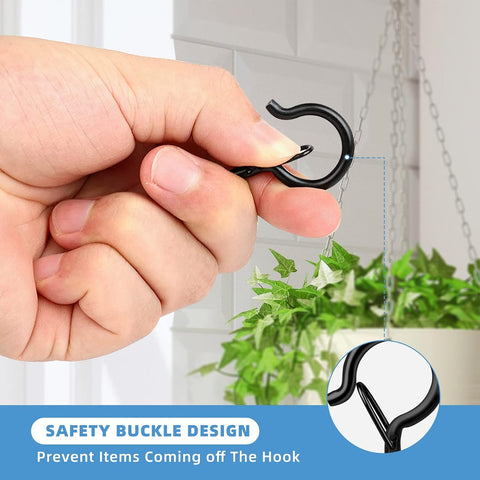 Esteopt 8 Pack Black Q-Hanger Screw-In Hooks with Safety Buckles – Steel Ceiling and Wall Hooks for Outdoor String Lights, Plants, Bird Feeders & Christmas Decorations