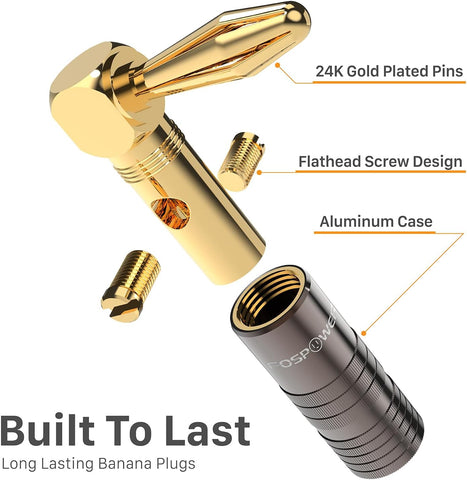 FosPower Right Angle Banana Plugs (2 Pairs / 4 pcs), Closed Screw 24K Gold Plated Banana Speaker Plug Connectors for Speaker Wire, Wall Plate, Home Theater, Audio/Video Receiver, and Sound Systems