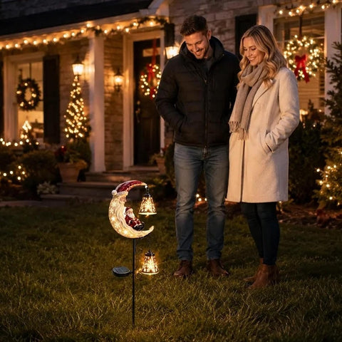 Solar Santa Claus Outdoor Christmas Resin LED Moon Lights with Lantern