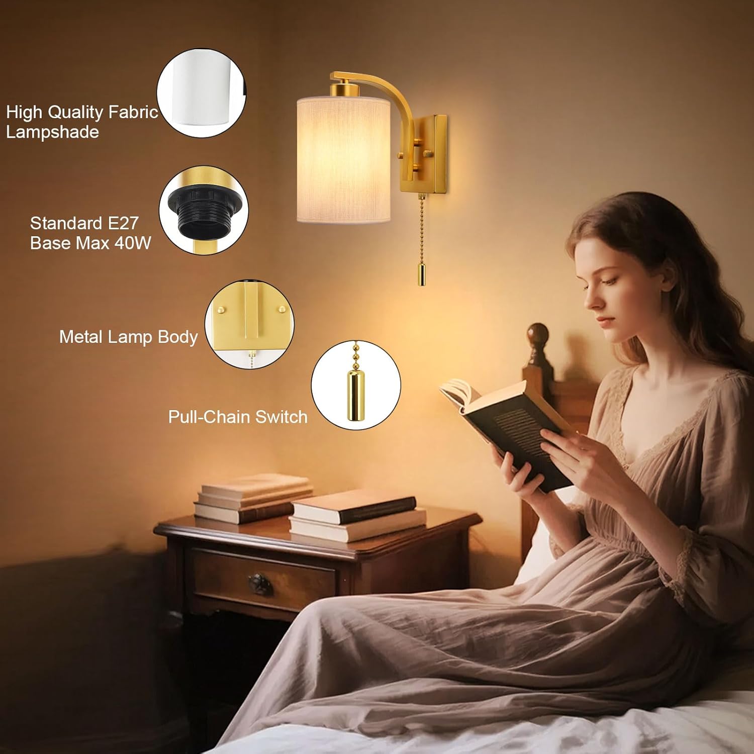 Woman reading a book by a wall-mounted lamp with product features highlighted.