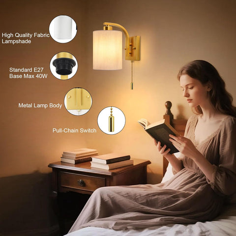 Woman reading a book by a wall-mounted lamp with product features highlighted.