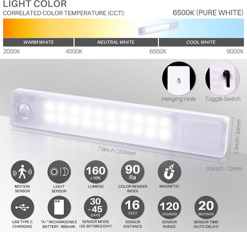 STAR-SPANGLED 8” Rechargeable LED Motion Sensor Lights 2 Pack – 160 Lumen Cordless Under Cabinet Lights for Kitchens, Bedrooms & Storage Spaces - Light Up Dark Corners Without Lifting a Finger