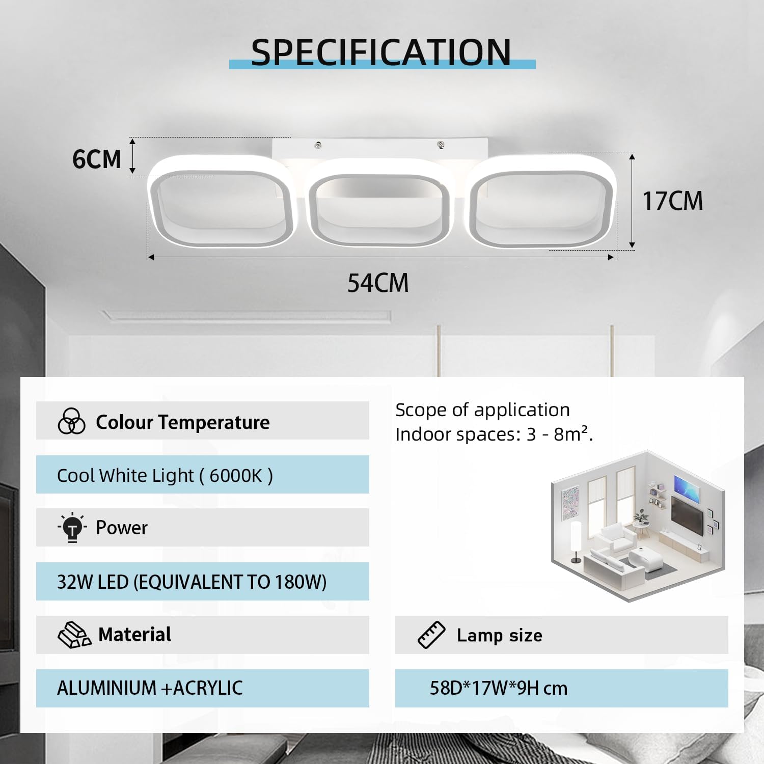 Ceiling light fixture with specifications displayed on a white background