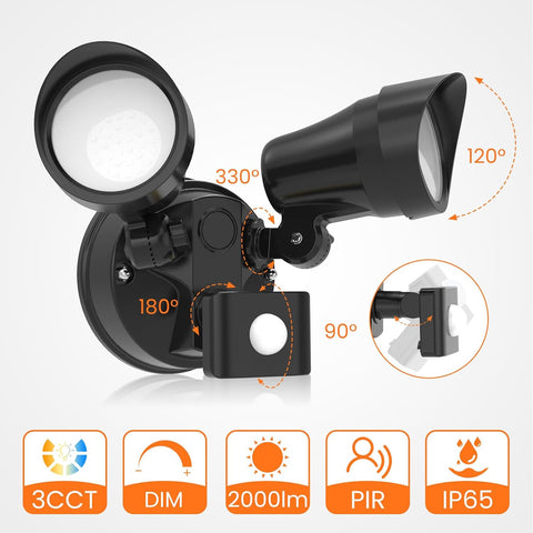 Black outdoor security light with adjustable features on a white background