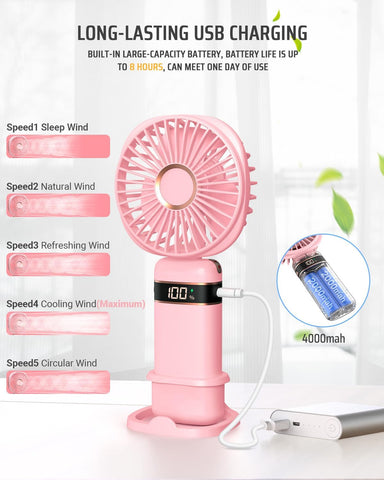 Mini Handheld USB Fan – 5 Speeds Rechargeable Portable Fan