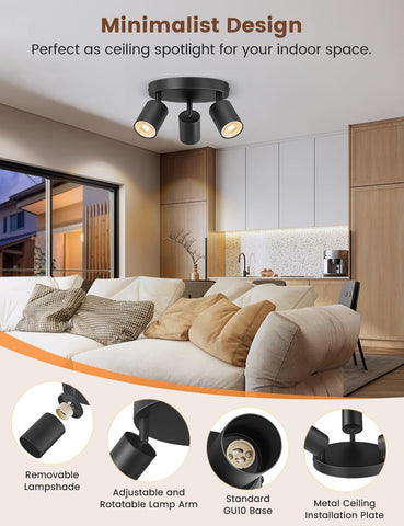 Ceiling spotlight in a modern living room with features highlighted.