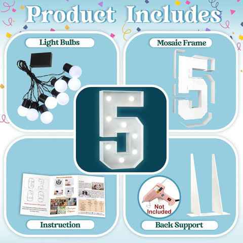 3FT Light Up Numbers Birthday Decoration Large Marquee Numbers 5 for 15th 50th Birthday Party Decor Wedding, Big Number Frame Foam Cardboard Mosaic Arch Stand Pre-cut Numbers