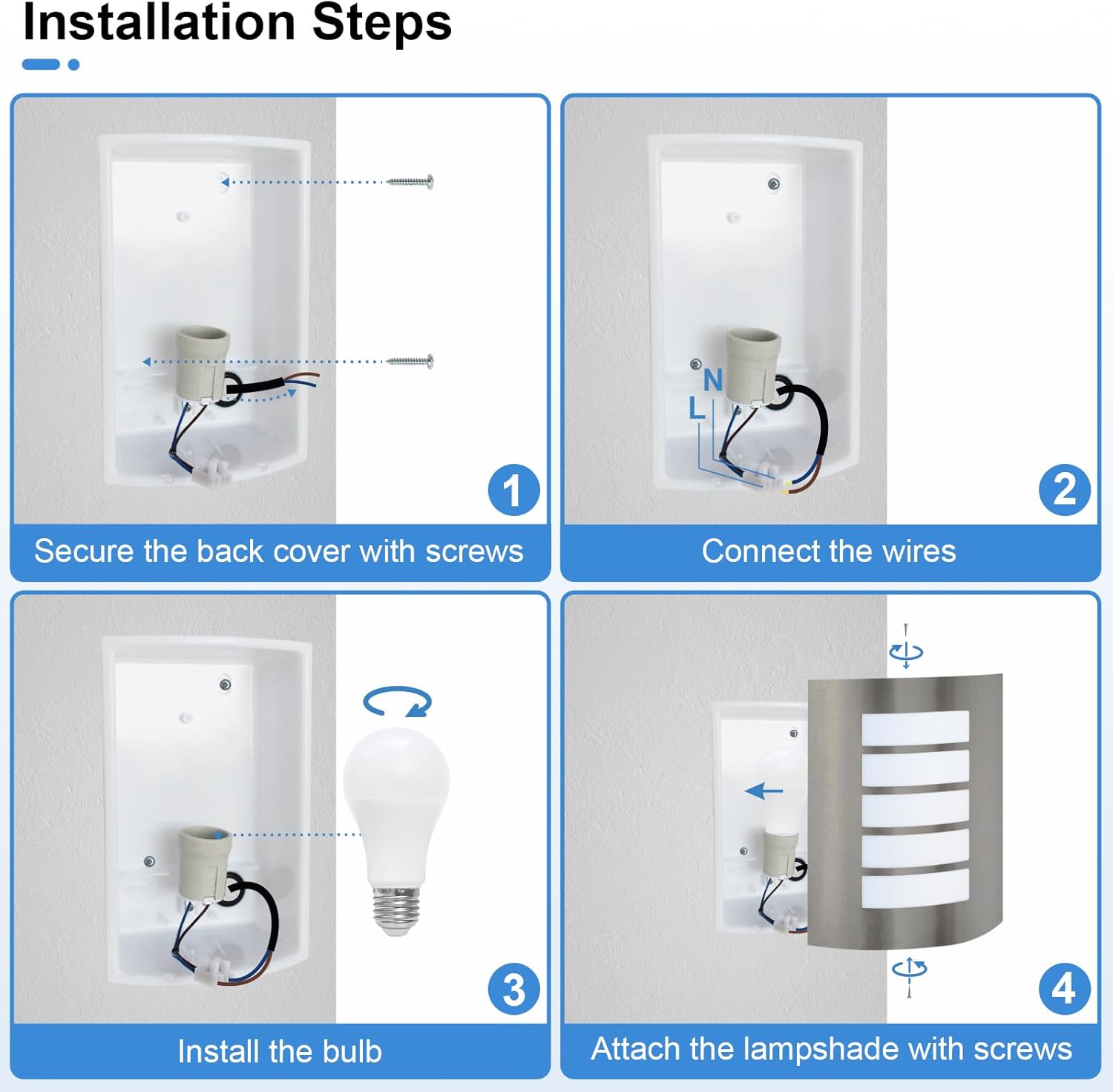 Step-by-step installation guide for a light fixture with labeled steps.