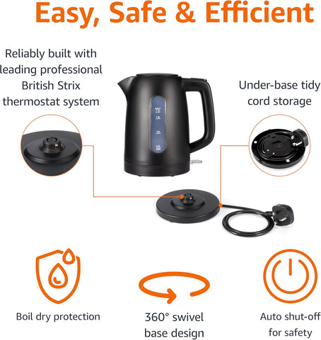 Basics Electric Kettle 1.7L – 3000W Fast Boil, BPA-Free, 360° Swivel Base, Auto Shut-Off, Removable Filter – Matte Black