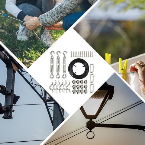 HAKIDZEL 50m Black Stainless Steel String Light Hanging Kit – PVC-Coated Wire Rope with Turnbuckles, Hooks, Straps, Screws & Cable Clamps for Outdoor Festoon Lights
