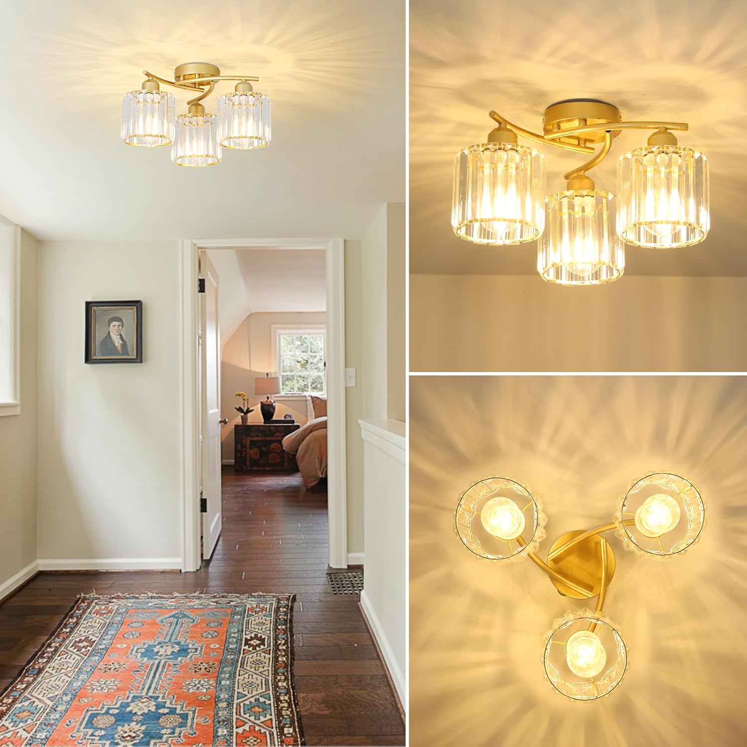 Gold ceiling light fixture with glass shades in a home interior setting.