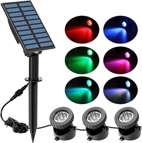 NATPOW Solar Pond Lights, 3 LED Underwater RGB Spotlights – IP68 Waterproof Solar Garden Lighting for Ponds & Water Features