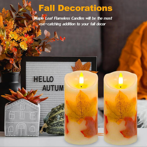 Flameless Pillar Candle Light Set of 2, 6x3 Inch Flickering Real Wax LED Candles with Remote and Timer, Battery Operated, Maple Leaf Design