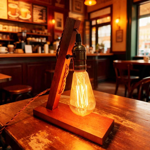 XIHOME Retro Wood E27 Edison Table Lamp – Vintage Industrial Desk & Bedside Light for Home, Office, Café & Studio - Add Vintage Character to Any Corner