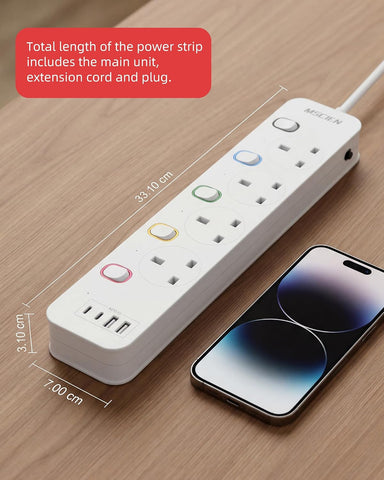 Mscien 1M 4 Way Extension Lead with 4 USB Ports & Individual Switches – Wall Mountable Power Strip for TVs, Routers, Computers & Chargers - Keep Every Connection Neat, Close and Under Control