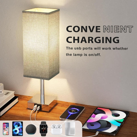 Aooshine Touch Bedside Lamps Set of 2 with USB-A & USB-C Charging Ports, 3-Way Dimmable LED Table Lamps with Grey Linen Shades for Bedroom, Living Room & Study