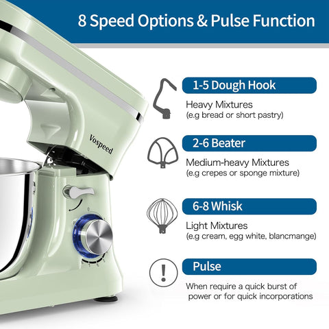 Stand Mixer 5QT 1000W Tilt-Head Kitchen Mixer – 8 Speed Electric Food Mixer with Dough Hook, Whisk, Beater & Bowl – Green