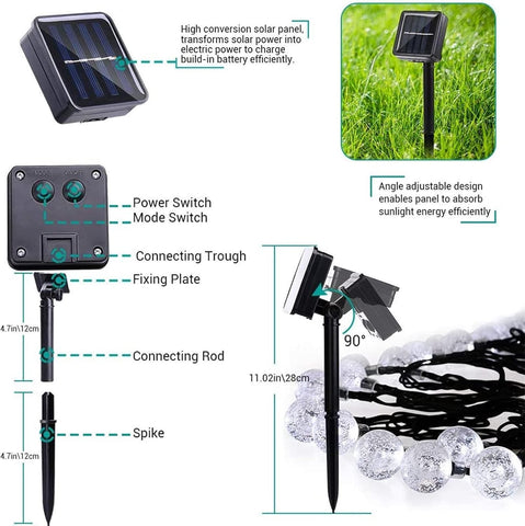 36ft solar garden lights with 60 LED crystal balls – UK outdoor use.

