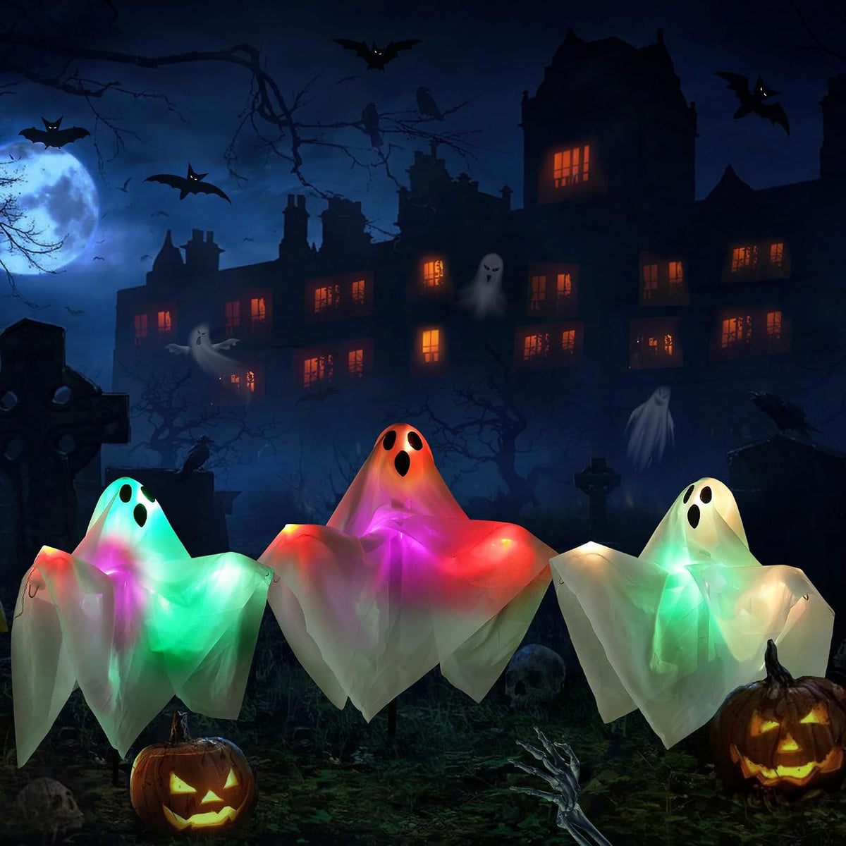 NEXVIN Halloween Decorations - 3 Pack Ghost Battery Stakes Lights with Timer, Outdoor Halloween Props for Garden, Pathway, Lawn, Yard, Haunted House