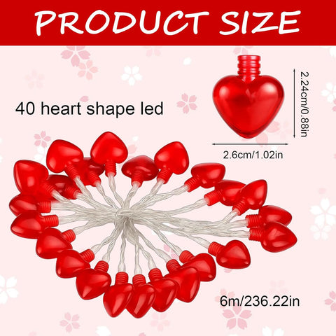 6M Red Heart Fairy Lights Battery Operated, 40 LED Romantic String Lights for Valentine’s Day, Bedroom, Wedding, Party & Home Decoration