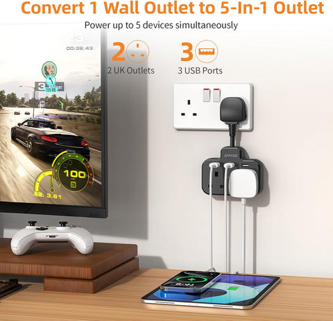 Double Plug Adaptor with USB – 2-Way UK Wall Socket Extender with 3 USB Ports & 5cm Short Extension Lead, Black – Make Room for More of Your Everyday Essentials