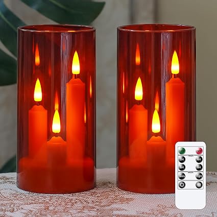 3 in 1 Flameless Taper Short Candles with 10 Key Remote Control and Timer, Battery Operated Pack of 2 LED Acrylic 7.5cm x15cm Ivory Pillar Flickering Warm Light