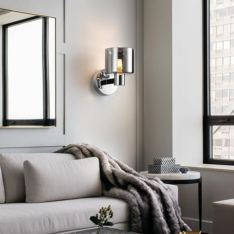 Elegant Chrome Wall Light - Modern Design with Smoked Grey Glass Shade