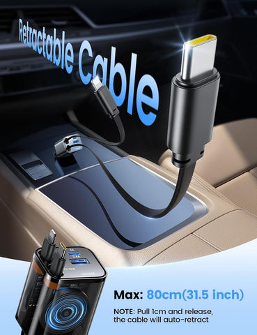 Lamicall 4-in-1 Retractable Car Charger Adapter 69W USB-C & USB-A