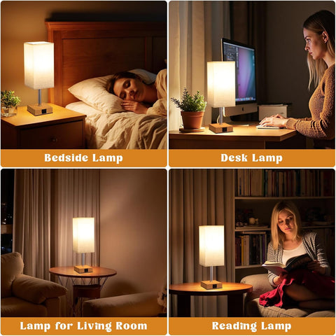 Aooshine Touch Bedside Lamp with 3-Way Dimmable LED Bulb & USB A+C Charging Ports – Minimalist Table Lamp for Bedroom, Living Room, Kids Room & Study