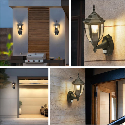 Motion Sensor Outdoor Wall Lights, PIR Lantern Wall Light Mains Powered, Waterproof Black Aluminium Porch Light with E27 Socket for Entryway, Doorway, Driveway, Garage