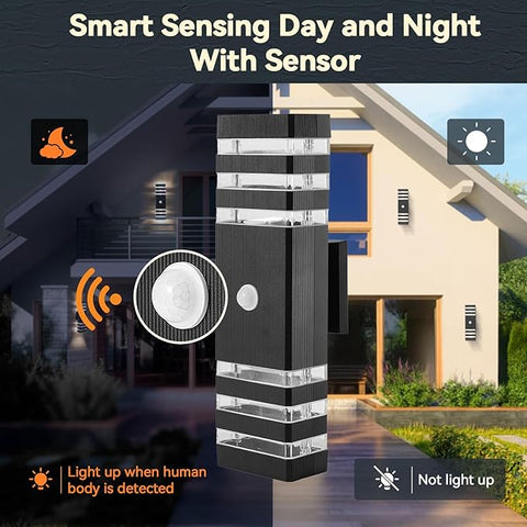 PIR Outdoor Wall Lights with Motion Sensor, Modern GU10 LED Up Down Outside Lights Mains Powered, IP67 Waterproof External Lighting Exterior Sconce Lamp for Front Door, Porch, Hallway