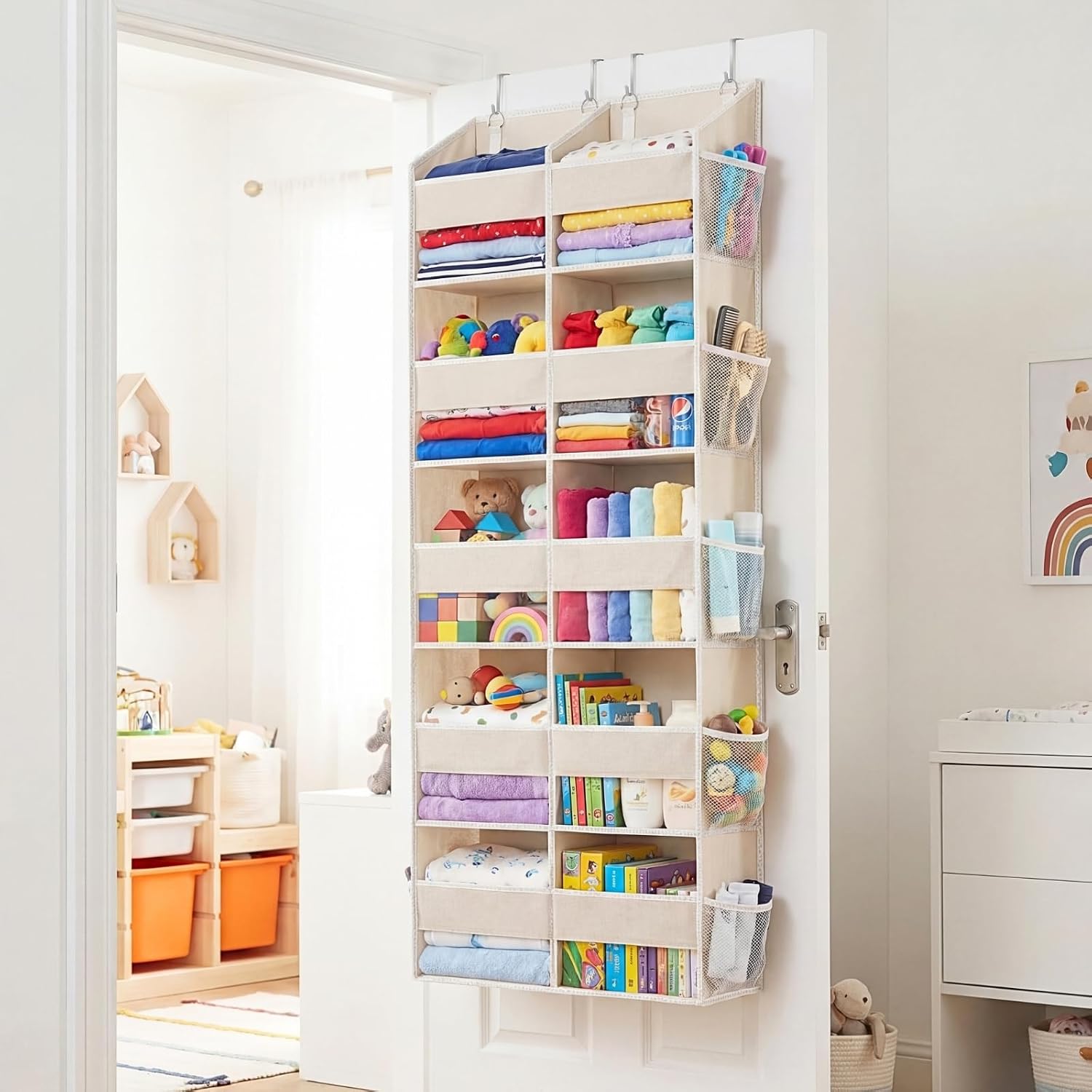 over the Door Organiser with 5 Tiers and 10 Compartments, Extra Large Hanging Door Storage with 4 Hooks, 36Kg Weight Capacity, Bedroom Wardrobe or Nursery Nappy & Toy Storage – Beige
