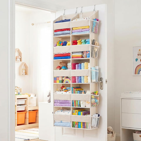 over the Door Organiser with 5 Tiers and 10 Compartments, Extra Large Hanging Door Storage with 4 Hooks, 36Kg Weight Capacity, Bedroom Wardrobe or Nursery Nappy & Toy Storage – Beige