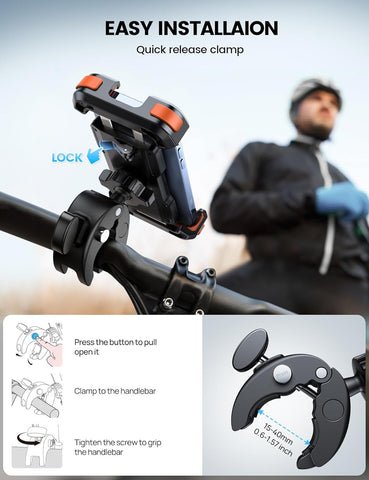 Motorcycle Phone Holder with Quick Release Clamp Orange