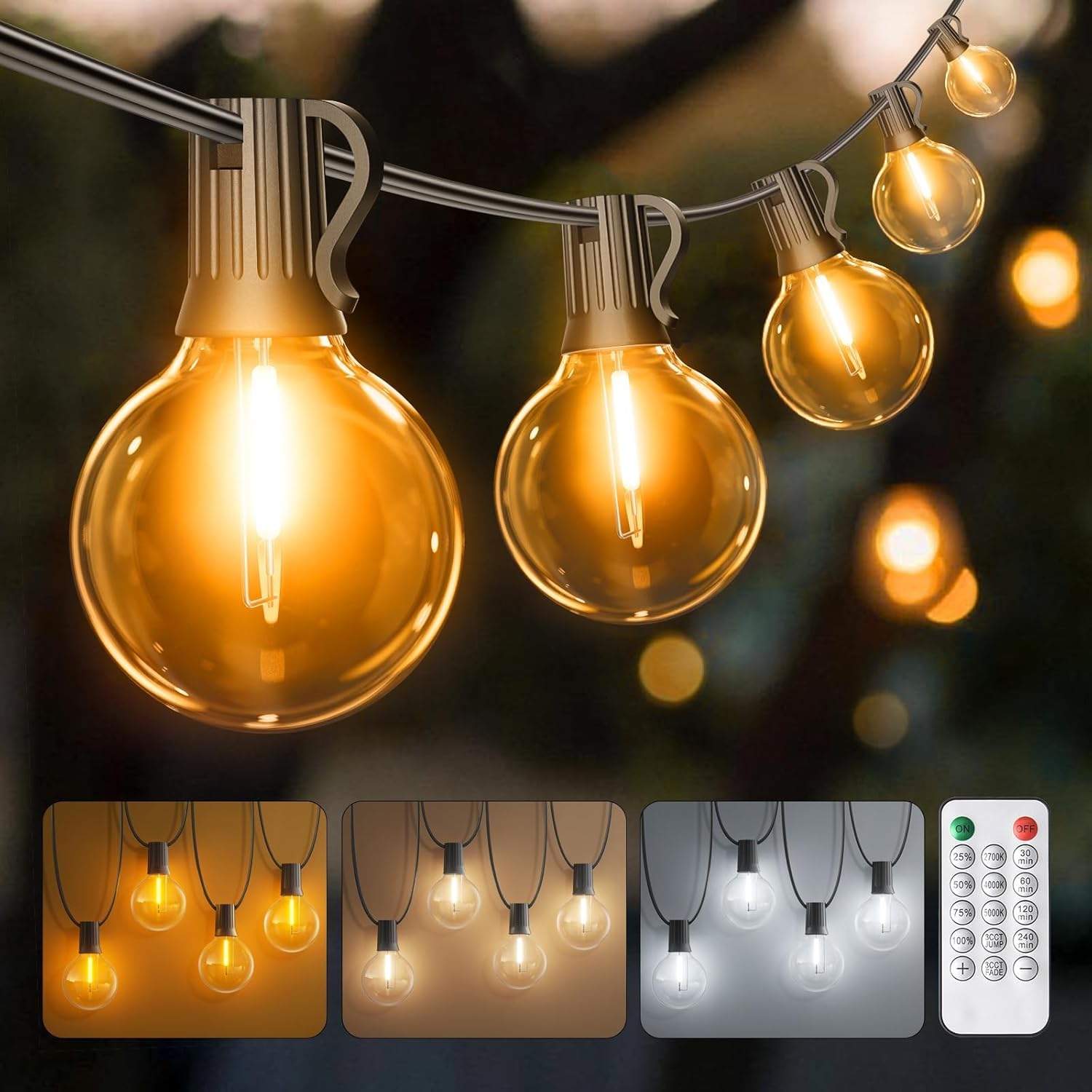 55FT/17M Dimmable Festoon Lights, Warm Neutral Cool White Outdoor Lights, Garden Lights Mains Powered with 20+3pcs G40 LED, IP65 Waterproof String Lights for Garden Balcony
