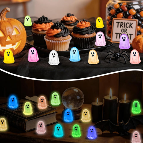 60 Pcs Halloween Luminous Mini Ghost Figures – Glow in the Dark Resin Ghost Decorations for Vases, Fairy Gardens, Shelves & Party Décor